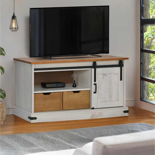 Tv-Meubel Halden Met Schuifdeur Wit 110X40X60 Cm Massief Hout
